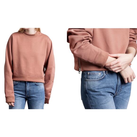 ACNE STUDIOS Dusty Pink Clay Bird Fl Fleece Side-Zip Boxy Sweatshirt Top - Sz S - Picture 1 of 5